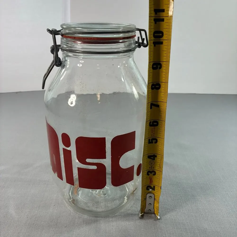 Vintage 3L Glass Storage Jar Clamp Lid Red Retro Graphic Kitchen Canister 11 In